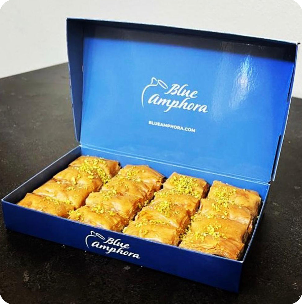 Pistachio & Walnut Baklava Fresh Baked 17.6 x 8 boxes 8.80 lb. ( 4000 gr. ) 128 Pieces.