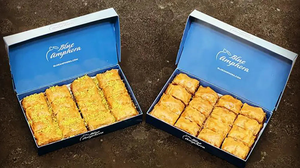 Fresh Baked Pistachio & Walnut Half Half Baklava at Blue Amphora Dessert Cafe