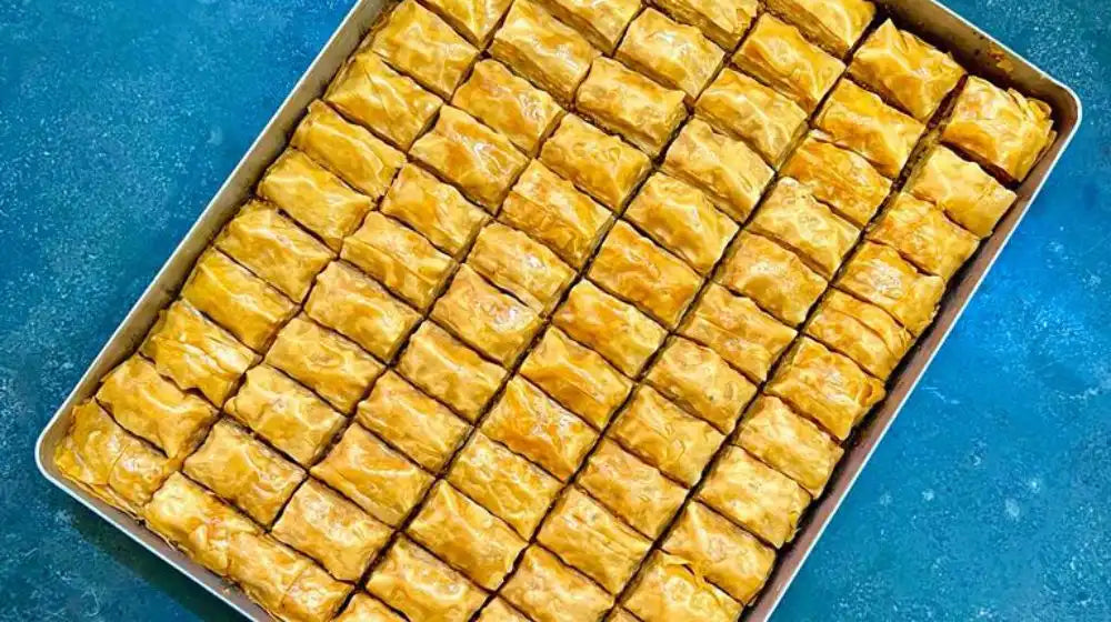 Fresh Baked Tray Walnut Baklava for Catering at Blue Amphora Bakery Cafe
