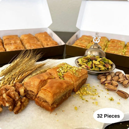 Pistachio & Walnut Baklava Fresh Baked 17.6 x 2 boxes 2.20 lb. ( 1000 gr. ) 32 Pieces.